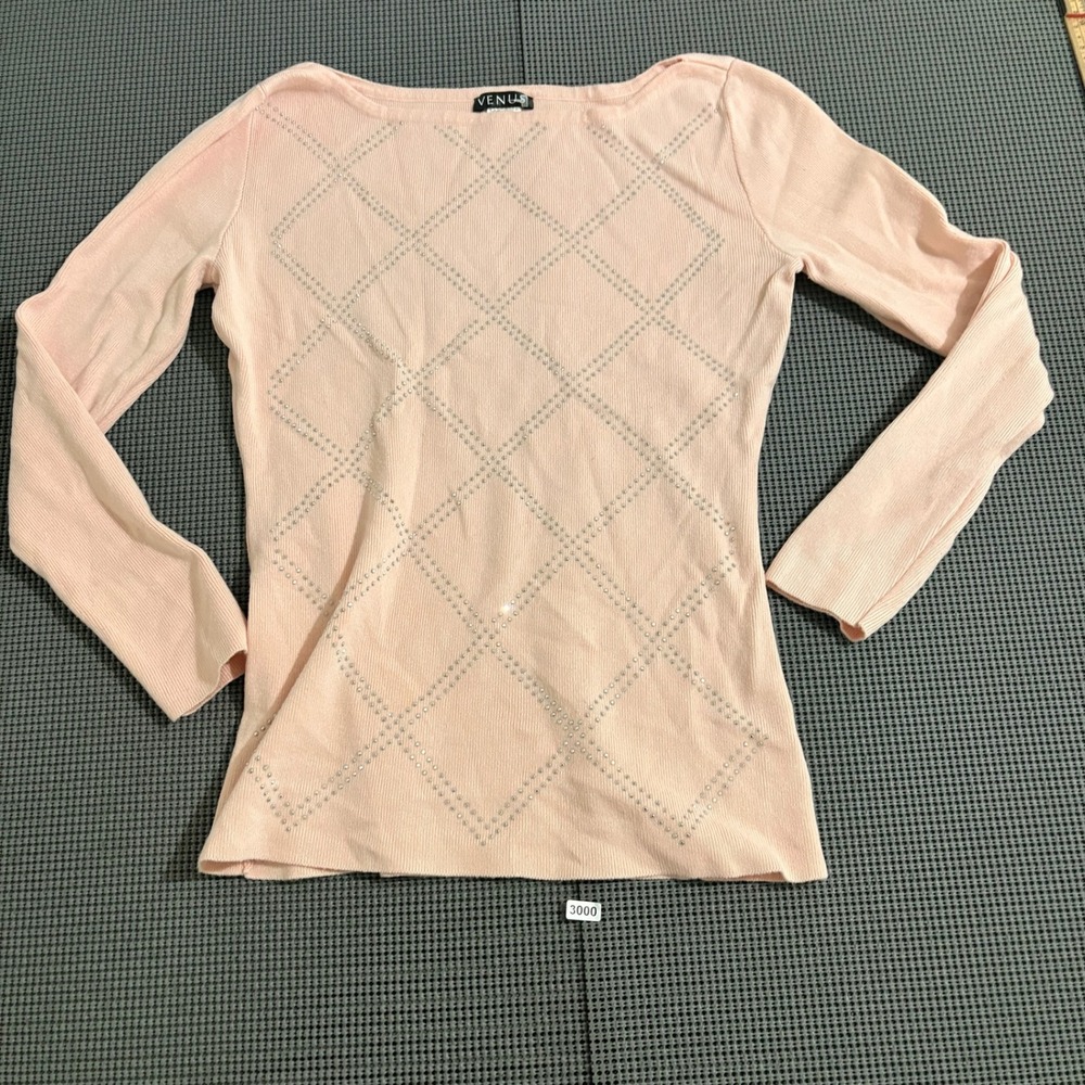 Venus Womens Pink Long Sleeve Rhinestone Diamond Ribbed Knit Top Size M